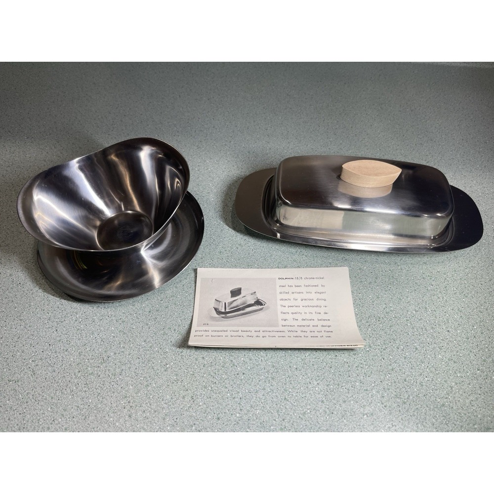 Dolphin Stainless Steel Vintage 1966 ‎ 18/8 Sauce Boat Butter Dish Recipes